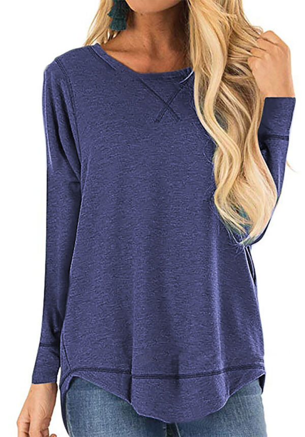 Women's Round Neck Long-sleeve T-shirt Solid Color Loose Top - Image 3