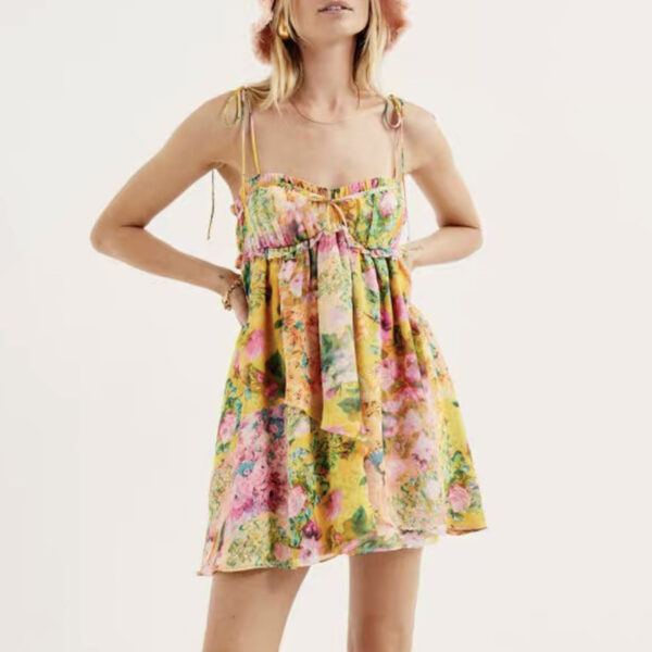 Y2K Flowers Print Suspender Dress Summer Fashion Ruffled Holiday Beach Short Dresses Womens Clothing - Image 2