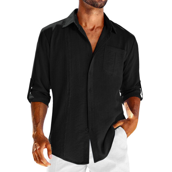 Casual  Long Sleeve Shirt With Pocket Lace Polo Collar Solid Color Button Mens Clothing - Image 5