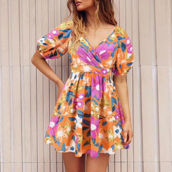 Flowers Print V-Neck Lantern-sleeve Dress Y2K Summer Vacation Beach Short Dresses Fashion Womens Clothing - Image 4