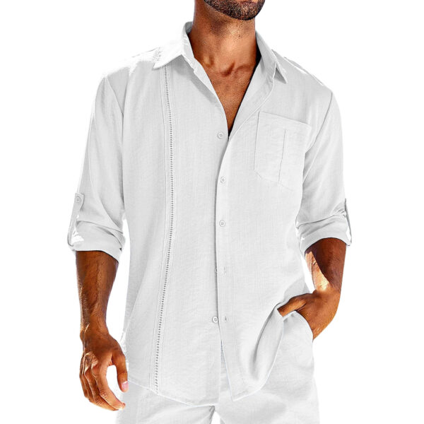 Casual  Long Sleeve Shirt With Pocket Lace Polo Collar Solid Color Button Mens Clothing - Image 6