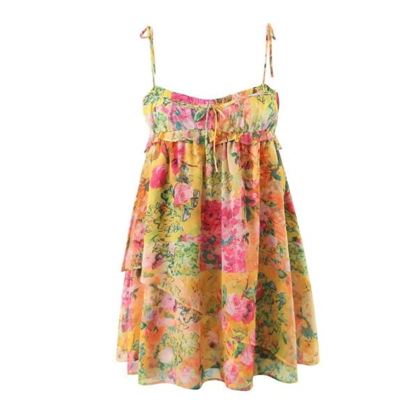 Y2K Flowers Print Suspender Dress Summer Fashion Ruffled Holiday Beach Short Dresses Womens Clothing - Image 4