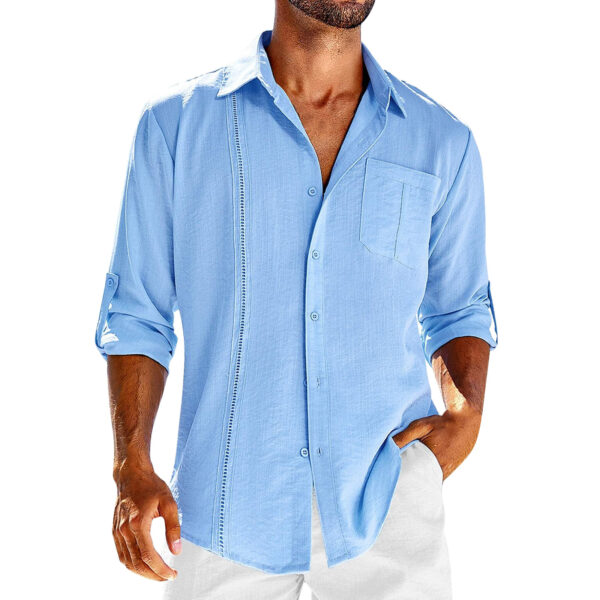 Casual  Long Sleeve Shirt With Pocket Lace Polo Collar Solid Color Button Mens Clothing - Image 3