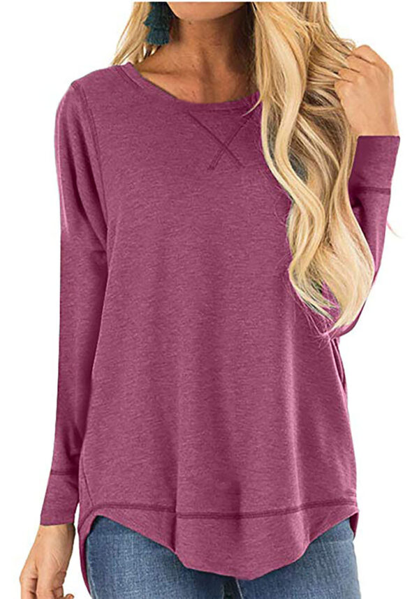 Women's Round Neck Long-sleeve T-shirt Solid Color Loose Top - Image 9