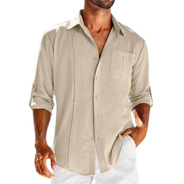 Casual  Long Sleeve Shirt With Pocket Lace Polo Collar Solid Color Button Mens Clothing - Image 7